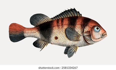 Illustration of a fish with detailed scales and fins. The fish features prominent scales, fins, and a distinct pattern. Fish illustration with vibrant scales. Vintage fish illustration vector.