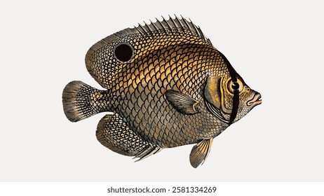 Illustration of a fish with detailed scales and fins. The fish features a prominent eye and textured body. Fish art with scales and fins in a side view. Vintage fish illustration isolated, vector.