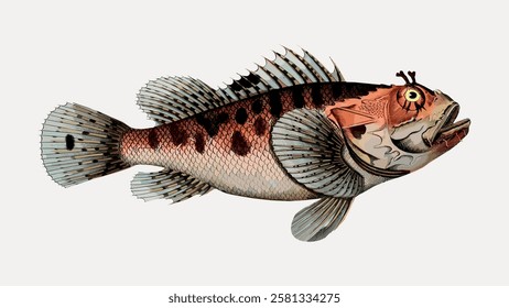 Illustration of a fish with detailed scales, fins, and a patterned body. The fish has a distinct head and vibrant colors, showcasing intricate aquatic features. Vintage fish illustration vector.