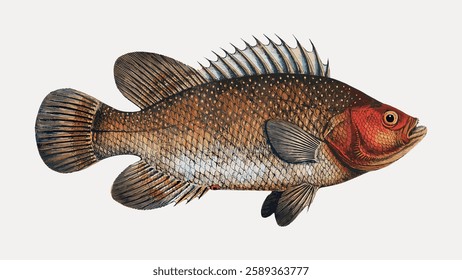 Illustration of a fish with detailed scales and fins. The fish features a red head and spiky dorsal fin. Realistic fish depiction with textured scales. Vintage marine life vector.