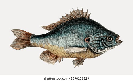 Illustration of a fish with detailed scales, fins, and vibrant colors. The fish features a prominent dorsal fin and a textured body, showcasing aquatic life. Vintage marine life vector.