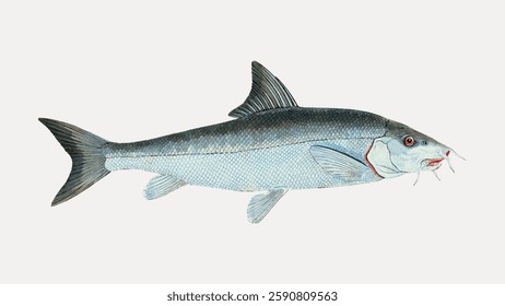 Illustration of a fish with detailed scales, fins, and a long body. The fish is depicted in a side view, showcasing its natural aquatic features. Vintage marine life vector.
