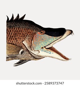 Illustration of a fish with detailed scales and open mouth. The fish illustration showcases vibrant colors and intricate patterns, highlighting its scales and mouth. Vintage marine life vector.