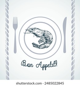 Illustration Fish dish Bon appetit. Element for design of cards, menus, invitations.