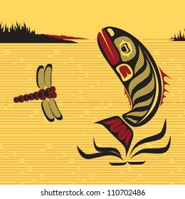 illustration of a fish and a dragonfly jumping in the water in native Canadian art style