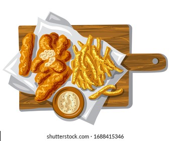 Illustration der FischFinger mit frittierten Kartoffelchips und Sauce