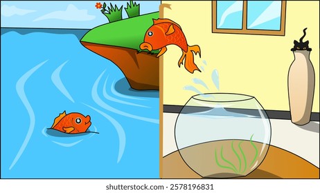 Illustration of fish in a glass bowl aquarium at home escaping to a river in nature.