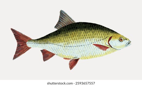 Illustration of a fish with green and red scales. Fish has a streamlined body, prominent fins, and a detailed scale pattern. Fish art with vibrant colors. Vintage marine life vector.