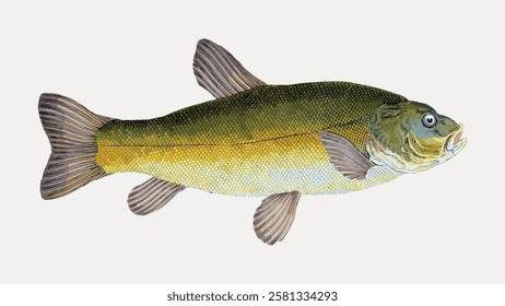 Illustration of a fish with green and yellow scales. Fish illustration shows detailed scales. Green and yellow fish with fins.