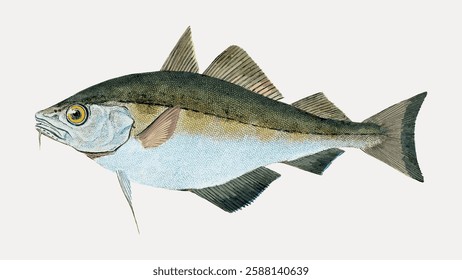 Illustration of a fish with a greenish back and light belly. The fish has distinct fins and a detailed texture. Fish illustration shows aquatic life features. Vintage marine life vector.