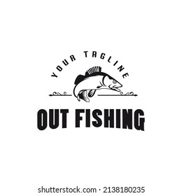 Illustration of fish hunter black fishing logo design template illustration. Fishing sport logo