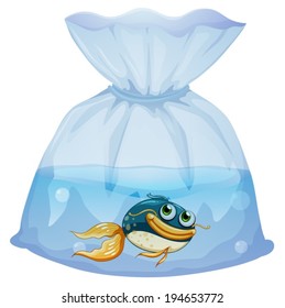 Illustration of a fish inside a plastic pouch on a white background