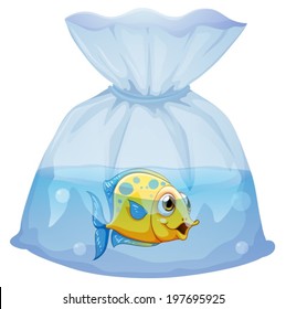 Illustration of a fish inside the plastic pouch on a white background