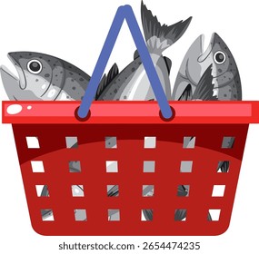 Ilustración de pescado dentro de una cesta de la compra roja