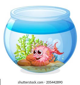 Illustration of a fish inside the transparent aquarium on a white background