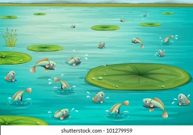 Illustration of fish jumping in a pond