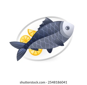Illustration of fish with lemon on a plate, realistic in 3D style.