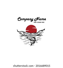 illustration of a fish logo in a lake with a red sun behind it