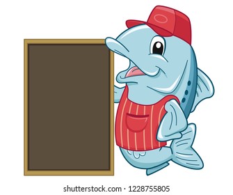 Illustration of a Fish Mascot Vendor Wearing Apron and Cap with Blank Chalk Board