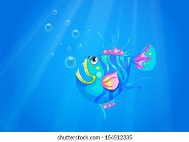 Illustration of a fish in the ocean with sharp pointed fangs