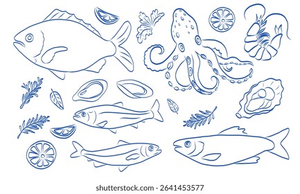 Illustration of fish, octopus, and shellfish with related elements