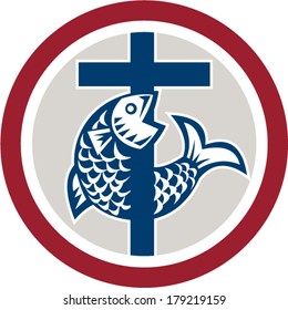 Illustration of a fish on a cross representing a Christian religion symbol icon set inside circle on isolated background.