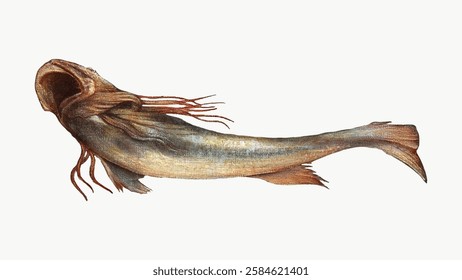 Illustration of a fish with an open mouth and flowing fins. The fish is depicted in a side view, showcasing its elongated body and detailed fins. Vintage fish illustration isolated on white, vector.