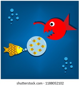 Illustration of fish protecting her child from predators. Vector illustration design.