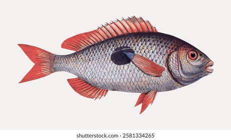 Illustration of a fish with red fins and a distinctive black spot. The fish features detailed scales and a realistic depiction. Red fins and black spot are prominent. Vintage fish illustration vector.