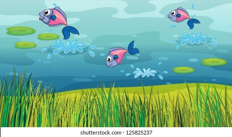 Illustration of a fish in a river and a beautiful landscape