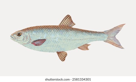 Illustration of a fish with scales, fins, and a tail. The fish is depicted in a side view, showcasing its detailed scales and fins in a natural pose. Vintage fish illustration isolated, vector.