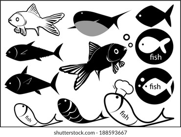 illustration of fish sea black and white set
