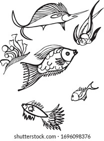 Illustration of fish, seaweed, freehand drawing