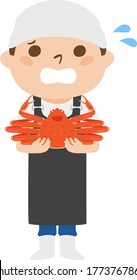 Illustration of a fish shop with snow crab. A man in trouble.