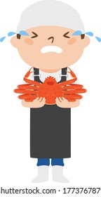 Illustration of a fish shop with snow crab. A crying man.