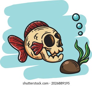 illustration of fish with skull swimming on the seabed