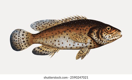 Illustration of a fish with speckled scales, detailed fins, and a spotted tail. The fish features intricate patterns and vibrant colors, showcasing its unique design. Vintage marine life vector.