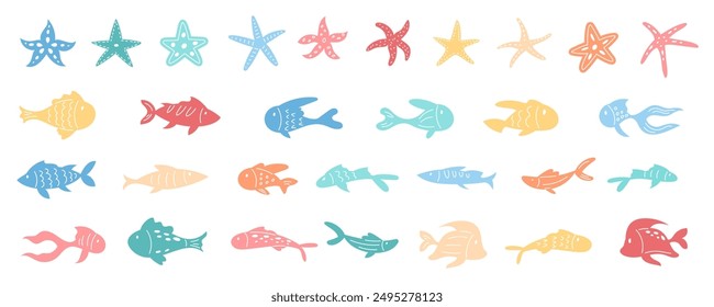 Illustration of fish and starfish set in bright colors. Various marine life forms with cartoonish, colorful patterns. Seaweed and water world, underwater vector designs.