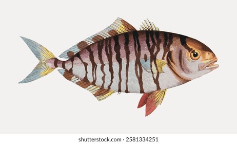 Illustration of a fish with striped pattern, detailed fins, and vibrant colors. The fish has a realistic appearance with distinct stripes and fins. Vintage fish illustration isolated on white, vector.