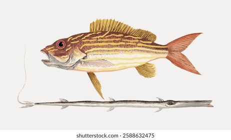 Illustration of a fish with striped pattern, vibrant colors, and detailed fins. The fish has a prominent eye and elongated body, showcasing its unique striped design. Vintage marine life vector.