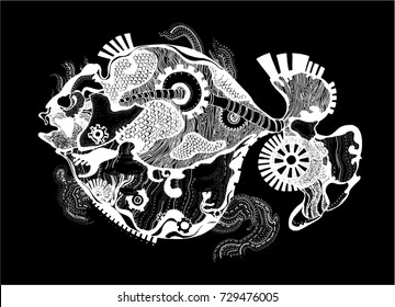 Illustration of fish stylized in steampunk. Vector white graphic fish