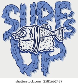 Illustration of fish in sushi with seaweed and rice for vacation or spring beach relaxation design, background with wave textures, surfing lifestyle, texts with names of exotic beaches.