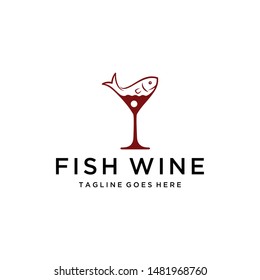 Illustration a fish swimming over a wine glass logo design