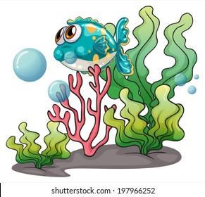 Illustration of a fish under the sea near the seaweeds on a white background
