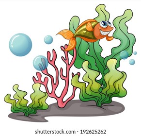 Illustration of a fish underwater with the coral reefs on a white background