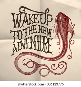 Illustration of a fish with "Wake up to the new adventure" hand drawn quote on the white paper textured background