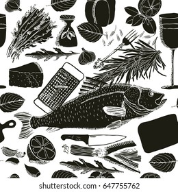 Illustration with fish and wine Hand drawing style Vector