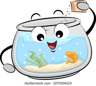 Illustration of a Fishbowl Mascot Feeding the Fish Inside It