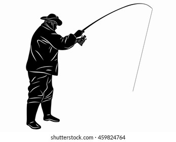 illustration of fisherman. black and white drawing, white background