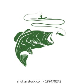 illustration of fisherman in a boat and big mouth bass